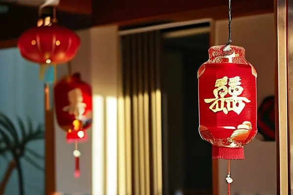 新房門口懸掛的傳統紅色喜慶燈籠