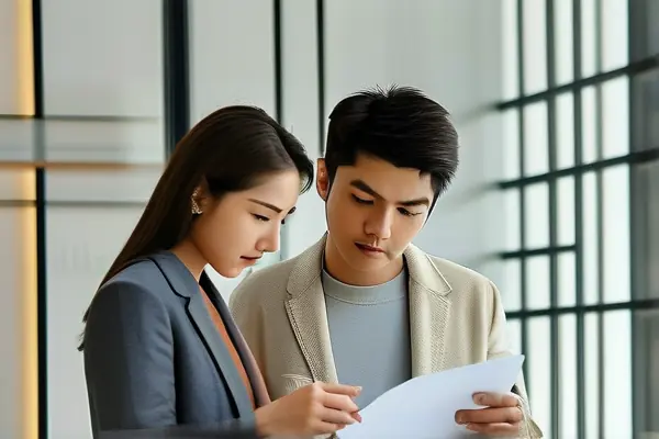 業(yè)主與設(shè)計(jì)師核對(duì)裝修合同內(nèi)容