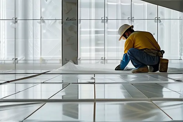 工人鋪設(shè)瓷磚保護(hù)膜