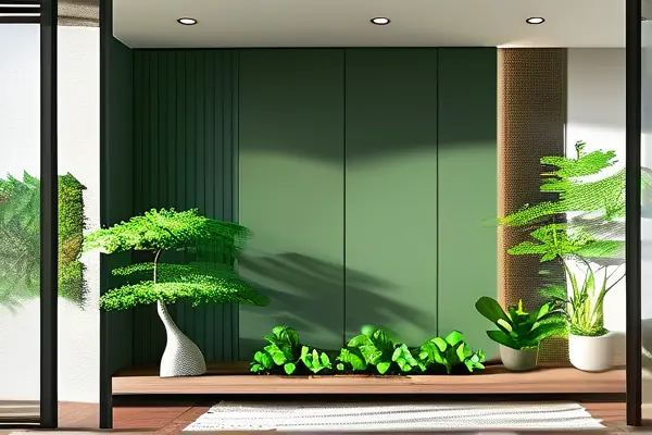 現代家居裝修效果圖，環保材料與綠色植物凈化空氣