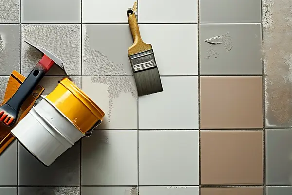 家庭裝修施工現場，工人正在貼瓷磚