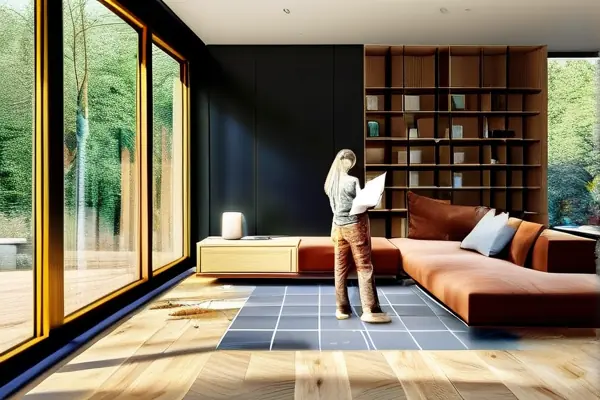 現代客廳裝修施工現場，工人鋪設木地板，業主對照檢查清單