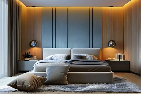現代風格主臥實景展示：拼色墻面與智能燈光系統