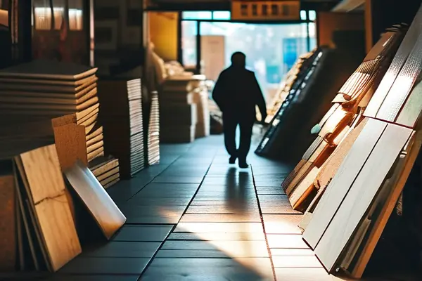 顧客在建材市場挑選裝修材料