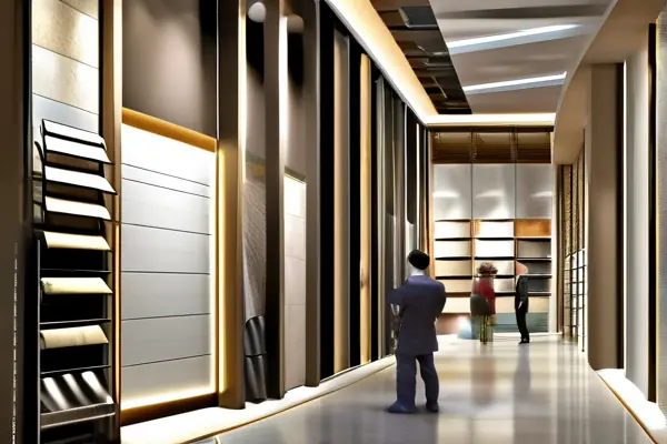 2024裝修材料展覽會(huì)現(xiàn)場(chǎng)實(shí)景，參觀者與展商交流咨詢
