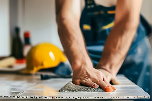 工人使用磁磚家用粘接劑鋪設(shè)磁磚