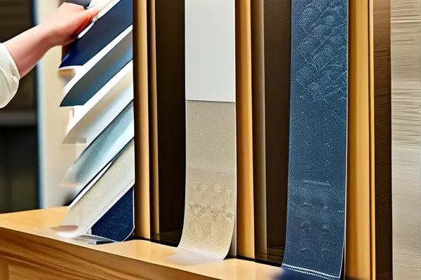 多種紋理和圖案的墻紙樣品展示
