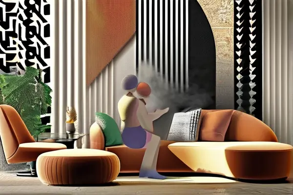 不同風格的墻紙展示在客廳墻上，家人在討論選擇