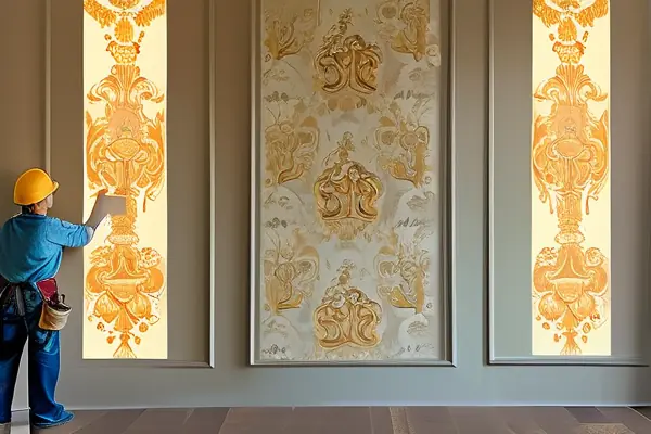 工人貼墻紙施工場景