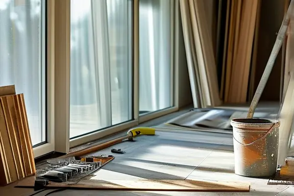 現(xiàn)代家居裝修現(xiàn)場，工人鋪設(shè)地板