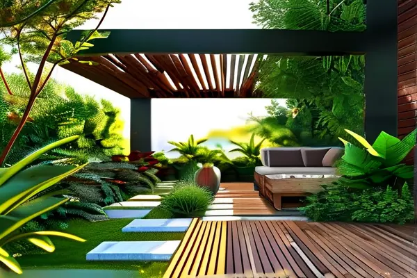 現代花園設計效果圖展示綠植與休閑區的完美結合