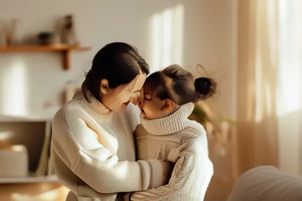 溫馨家庭穿著親子裝在整潔客廳互動