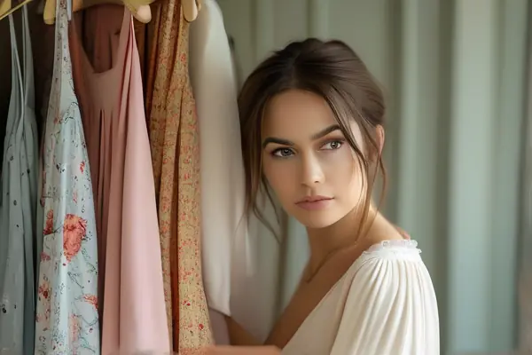 女性在家中整理裙裝