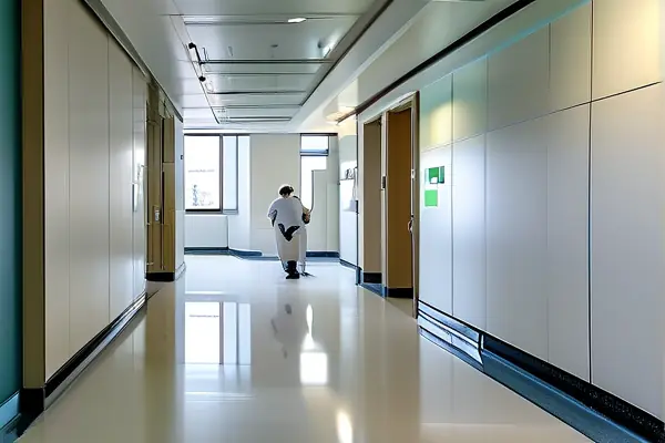 醫院裝修現場工人安裝環保板材