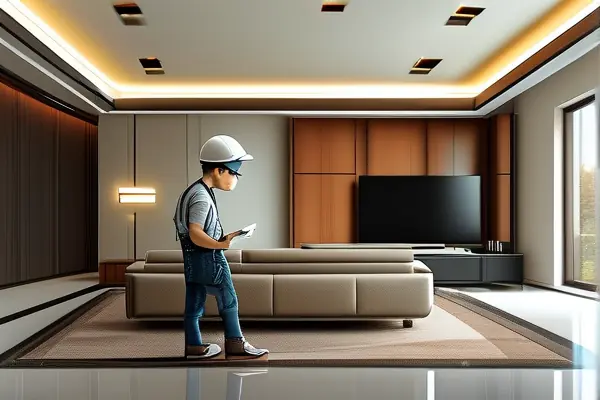 精裝修驗收現場,專業人員正在檢查地板、墻面和燈具細節