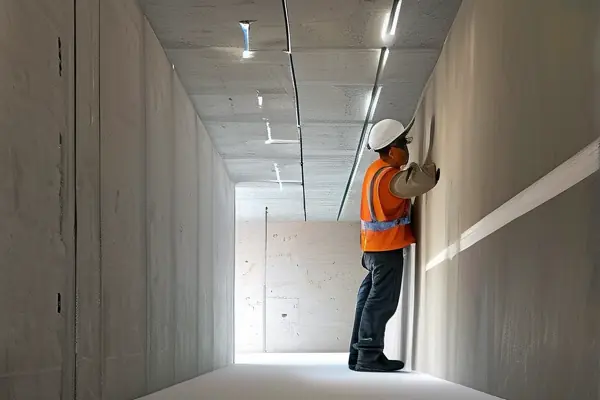 物業裝修驗收現場，專業人員正在檢查墻面、地板和電路細節