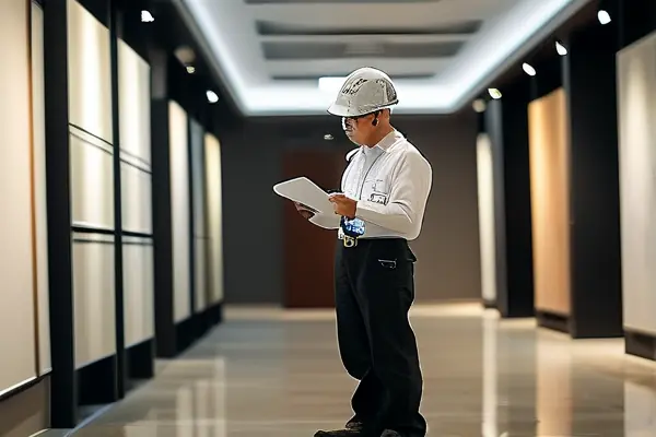 專(zhuān)業(yè)人員在展廳裝修驗(yàn)收現(xiàn)場(chǎng)進(jìn)行檢查工作