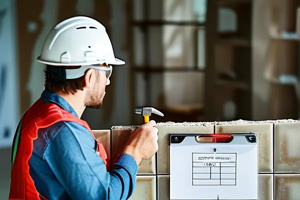 驗房師進行瓷磚空鼓檢測的專業場景