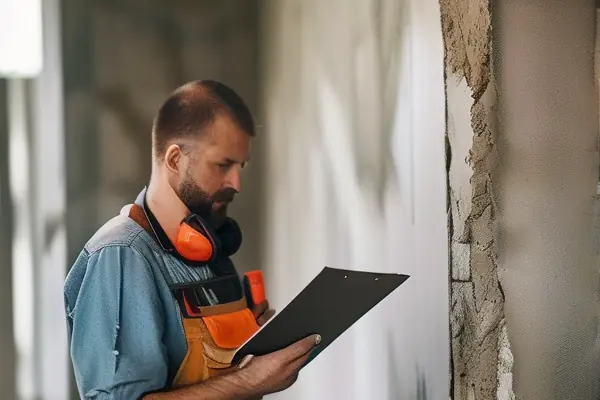 業主與裝修師傅驗收墻面平整度