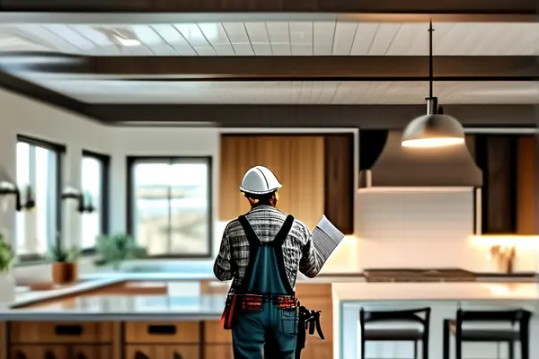 業主與施工人員在新裝修的廚房中進行驗收檢查