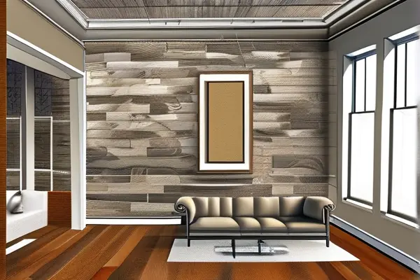 業主與施工人員認真驗收新裝修客廳的墻面、地板和燈具