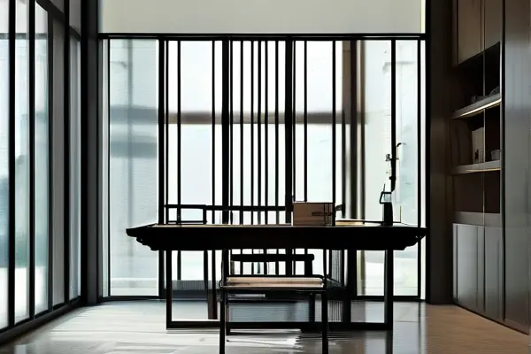 中式風格辦公室實景：紅木辦公桌與鏤空屏風營造典雅氛圍