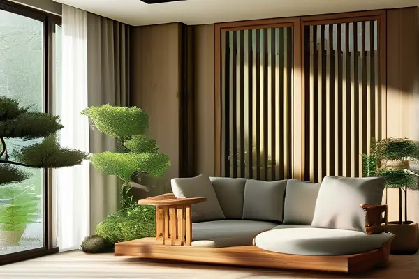 中醫(yī)裝修風格的客廳，木質(zhì)家具與綠植和諧搭配